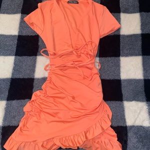 Orange Ruffle Trim Wrap Dress XS NEVER WORN